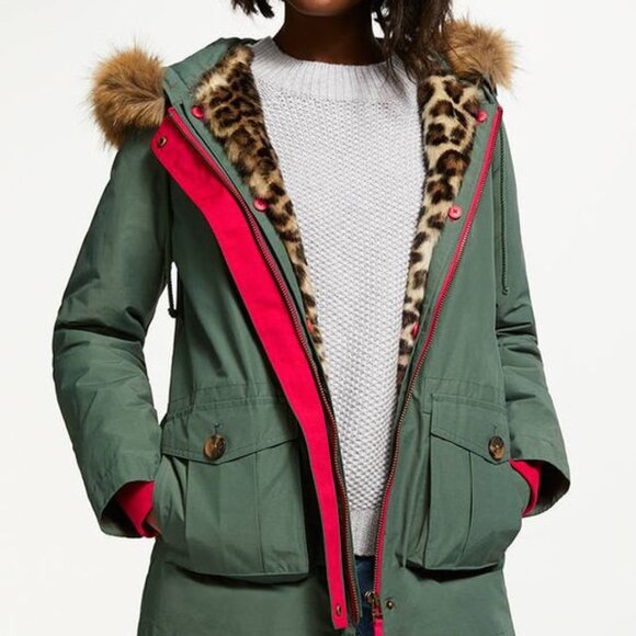 Boden Jackets & Blazers - Boden Brentor Parka | Pine / Red / Leopard | Size 6